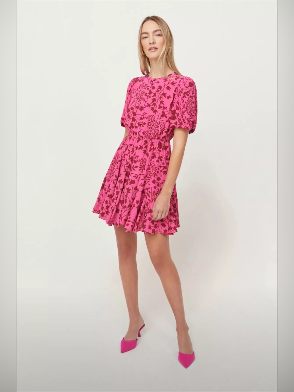RHODE  GEORGIA GATHERED PRINTED CREPE DE CHINE MINI DRESS IN PINK leaf print S